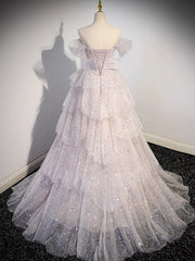 A-line Off Shoulder Tulle Sequin Light Pink Long Prom Dresses,Sequin Long Evening Dresses