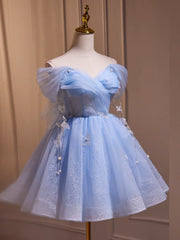 A-Line Off Shoulder Tulle Short Blue Prom Dresses, Cute Blue Homecoming Dresses