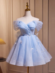 A-Line Off Shoulder Tulle Short Blue Prom Dresses, Cute Blue Homecoming Dresses