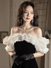 A-Line Off Shoulder Velvet Black Long Prom Dresses, Black Long Evening Dresses