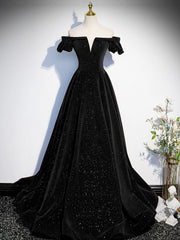 A-Line Off Shoulder Velvet Black Long Prom Dresses, Black Formal Evening Dress