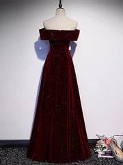 A-Line Off Shoulder Velvet Burgundy Long Prom Dresses, Burgundy Long Formal Dresses