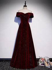 A-Line Off Shoulder Velvet Burgundy Long Prom Dresses, Burgundy Long Formal Dresses