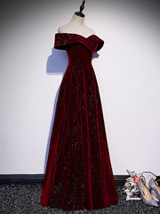 A-Line Off  Shoulder Velvet Burgundy Long Prom Dresses, Burgundy Long Formal Dresses