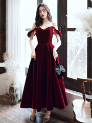 A-Line off Shoulder Velvet Tea Length Burgundy Prom Dresses, Burgundy Evening Dresses