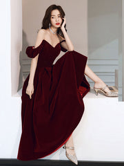 A-Line off Shoulder Velvet Tea Length Burgundy Prom Dresses, Burgundy Evening Dresses