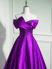 A-Line Off Shouolder Black And Purple Satin Party Dress, Long Prom Dress