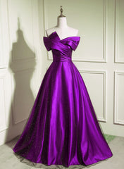 A-Line Off Shouolder Black And Purple Satin Party Dress, Long Prom Dress