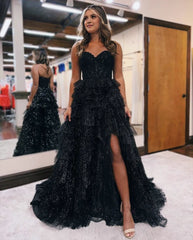 A line Off-the-Shoulder Glitter Tulle Prom Dresses with Slit