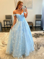 A Line Off the Shoulder Satin Lace Prom Dresses