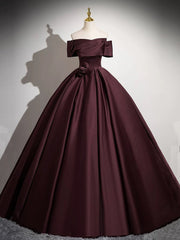 A-Line Off the Shoulders Satin Maroon Long Prom Dresses, Maroon Long Formal Dresses