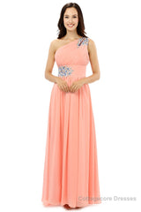 A-line One-shoulder Chiffon Beaded Crystals Coral Bridesmaid Dresses