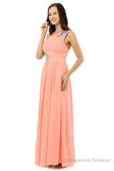 A-line One-shoulder Chiffon Beaded Crystals Coral Bridesmaid Dresses