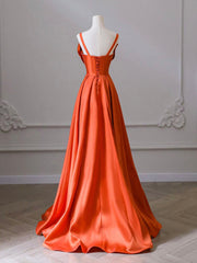 A-Line Orange Satin Long Prom Dresses, Orange Long Evening Dresses