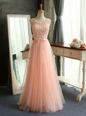 A-line Pink Appliques Tulle Bridesmaid Dresses