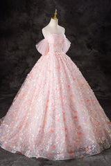 A-Line Pink Flowers Tulle Long Princess Dresses, Off the Shoulder Formal Evening Dresses