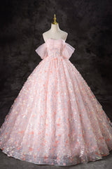 A-Line Pink Flowers Tulle Long Princess Dresses, Off the Shoulder Formal Evening Dresses