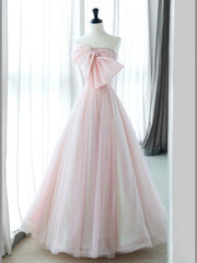 A-Line Pink Organza Long Prom Dresses, Pink Long Formal Dresses