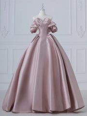 A-Line Pink Satin Long Prom Dresses, Pink Long Evening Dresses