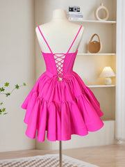 A-Line Pink Satin Short Prom Dress, Backless Cute Pink Homecoming Dress