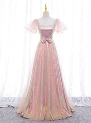 A-line Pink Sequins Puff Sleeve Prom Dresses