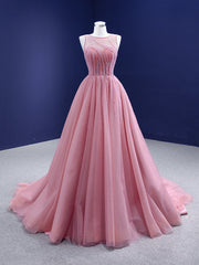 A-Line Pink Tulle Backless Beading Prom Dresses