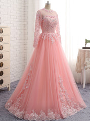 A-Line Pink Tulle Lace Appliques Long Sleeve Prom Dresses