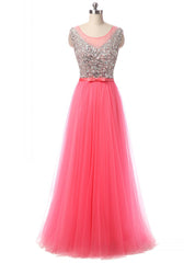 A-Line Pink Tulle Prom Dresses