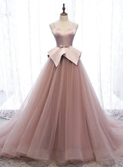 A-Line Pink Tulle Satin Spagehtti Straps Prom Dresses