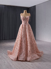 A-line Pink Tulle Sequins Spaghetti Straps Prom Dresses