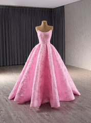 A-Line Pink Tulle Sequins Strapless Prom Dresses