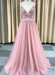 A-Line Pink Tulle Spaghetti Straps Backless Beading Prom Dresses