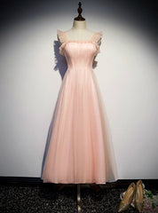 A-Line Pink Tulle Straps Ankle Length Prom Dresses