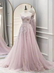 A-Line Pink Tulle Sweetheart Appliques Prom Dresses