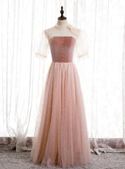 A-Line Pink Tulle Velvet High Neck Short Sleeve Prom Dresses