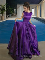 A-Line/Princess Bateau Floor-Length Satin Prom Dresses With Ruffles