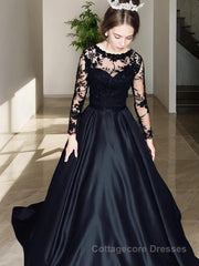 A-Line/Princess Bateau Sweep Train Satin Evening Dresses With Pockets