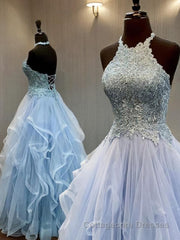 A-Line/Princess Halter Floor-Length Tulle Prom Dresses With Appliques Lace