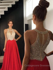 A-Line/Princess Halter Sweep Train Chiffon Evening Dresses With Beading