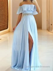 A-Line/Princess Off-the-Shoulder Floor-Length Chiffon Evening Dresses With Leg Slit