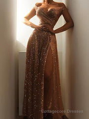 A-Line/Princess Off-the-Shoulder Floor-Length Sequins Prom Dresses With Leg Slit