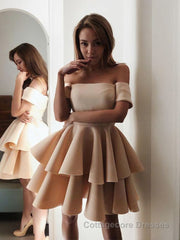 A-Line/Princess Off-the-Shoulder Short/Mini Satin Homecoming Dresses