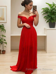 A-Line/Princess Off-the-Shoulder Sweep Train Chiffon Prom Dresses