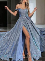 A-Line/Princess Off-the-Shoulder Sweep Train Prom Dresses With Leg Slit