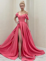 A-Line/Princess Off-the-Shoulder Sweep Train Satin Evening Dresses With Leg Slit