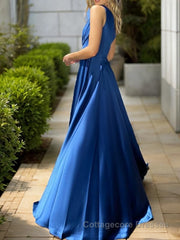 A-Line/Princess One-Shoulder Sweep Train Silk like Satin Prom Dresses With Leg Slit