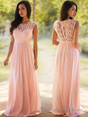 A-Line/Princess Scoop Floor-Length Chiffon Prom Dresses With Appliques Lace