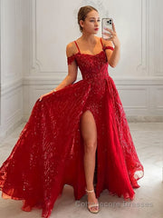 A-Line/Princess Spaghetti Straps Sweep Train Prom Dresses With Leg Slit