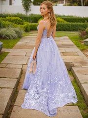 A-Line/Princess Spaghetti Straps Sweep Train Tulle Prom Dresses With Appliques Lace