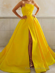 A-Line/Princess Strapless Sweep Train Satin Prom Dresses With Leg Slit